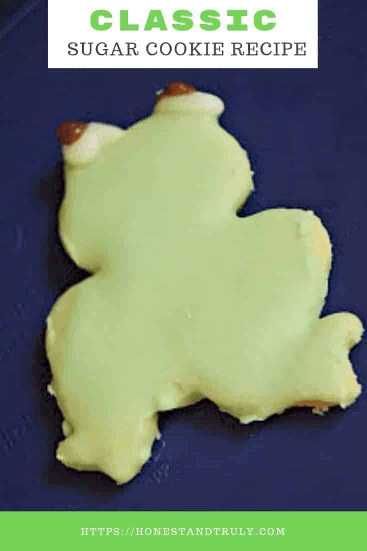 Simple classic sugar cookie recipe. Make these fun froggy cookies or create your own shape with a cookie cutter with this easy recipe. These are the perfect Christmas cookie base! #cookies #sugarcookie #easyrecipes #christmascookies