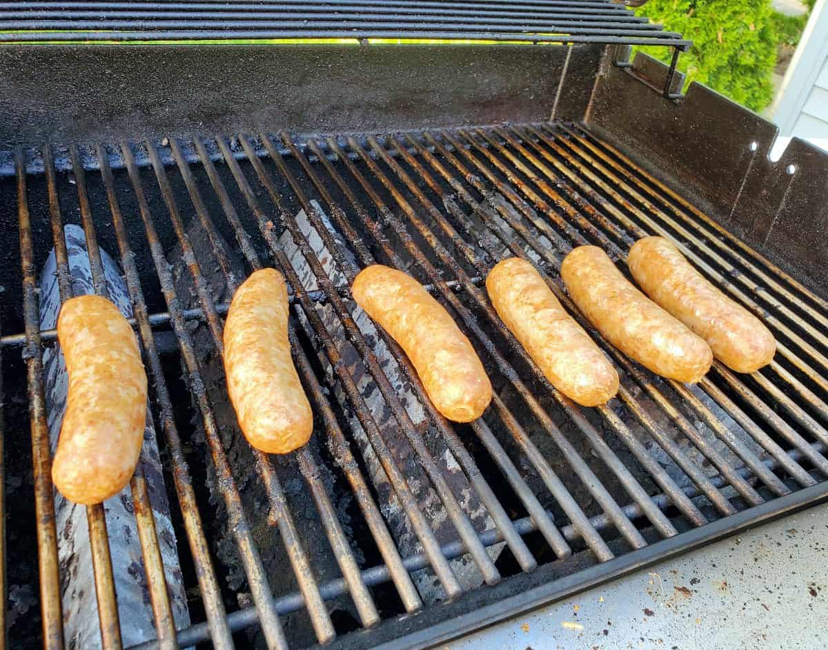 Bratwurst on the grill.