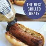 Squirting mustard onto a grilled bratwurst