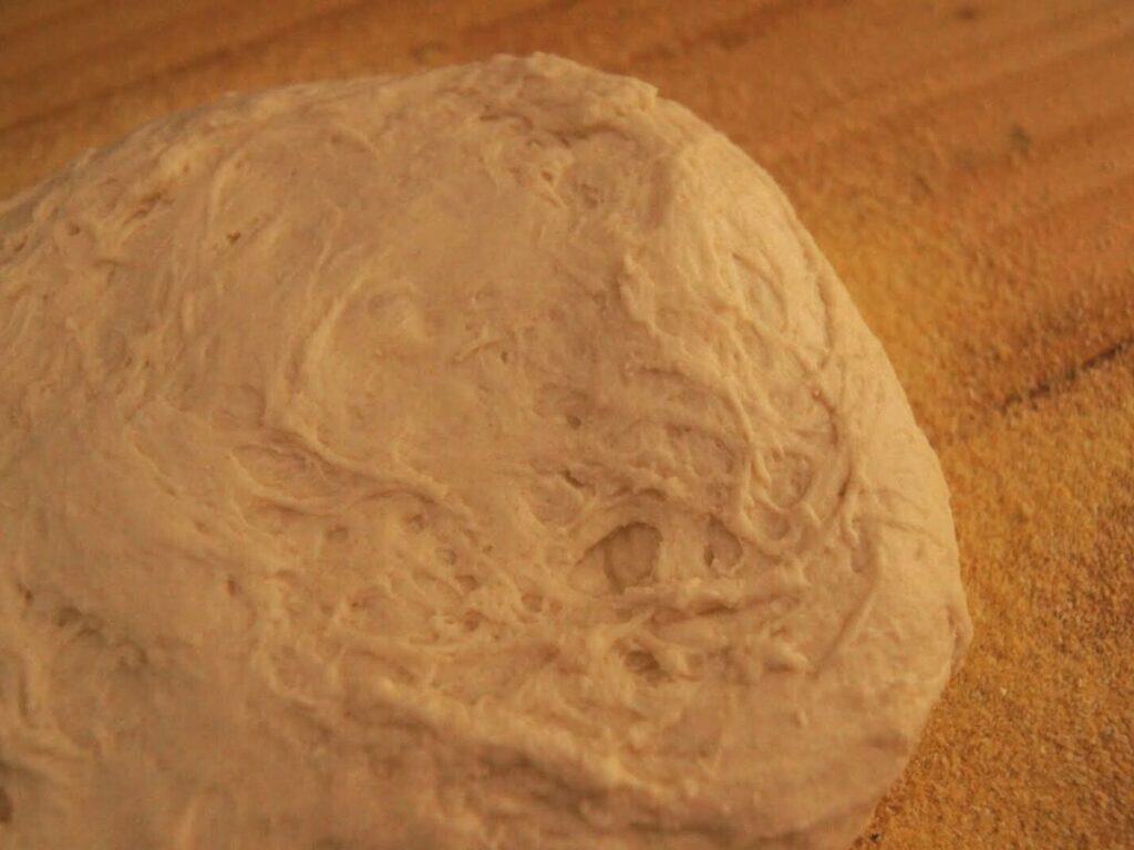 Image shows bread dough with cornmeal ready for rising.