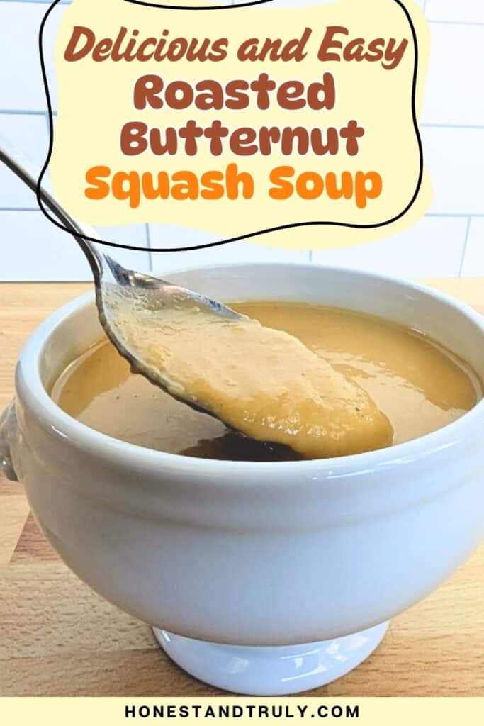 Image shows delicious and easy roasted butternut squash soup in a bowl.