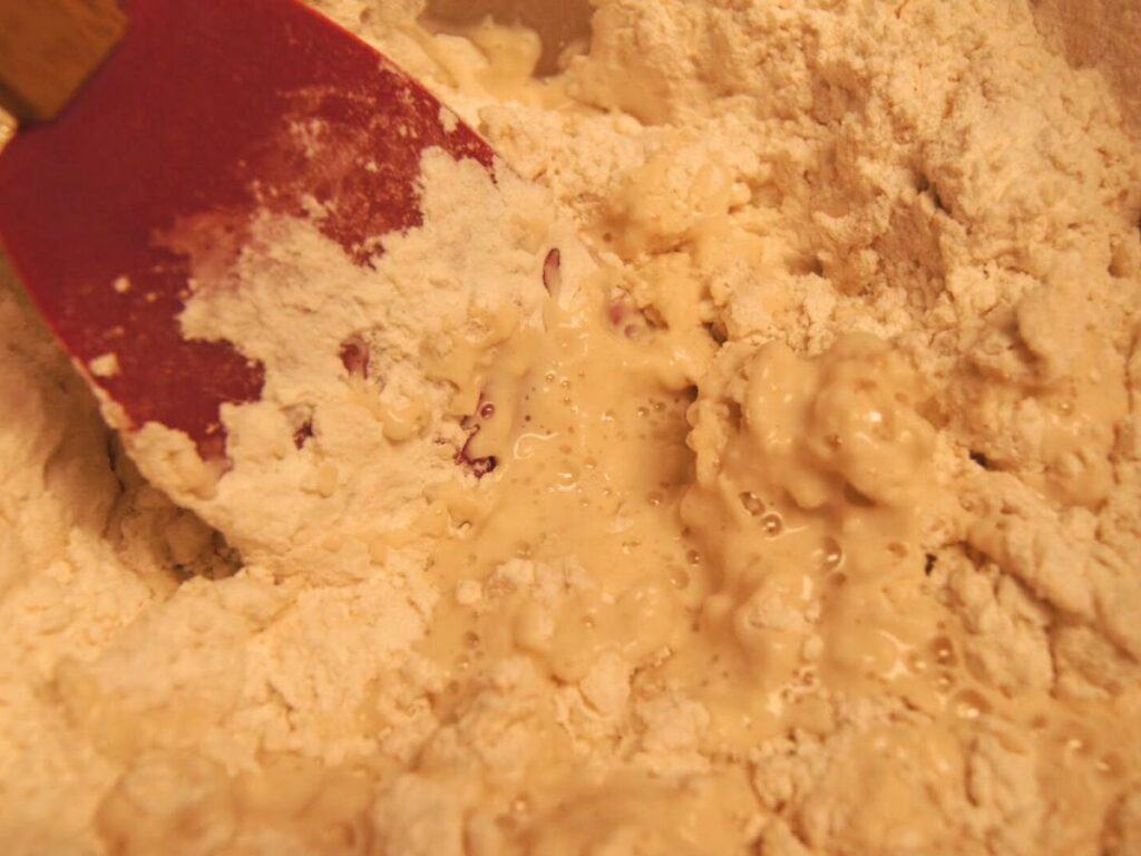 Image shows spatula on bread dough ingredients.