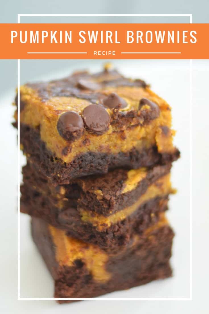 Homemade pumpkin swirl brownie recipe from scratch. This recipe uses no cream cheese and has a deep pumpkin flavor coupled with a rich, fudgy chocolate. This dense brownie is not at all cake like. Perfect fall dessert recipe!