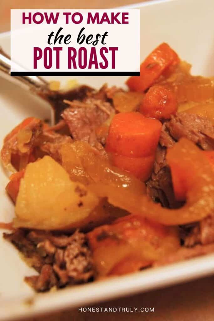 Image shows close-up picture of pot roast in a bowl.