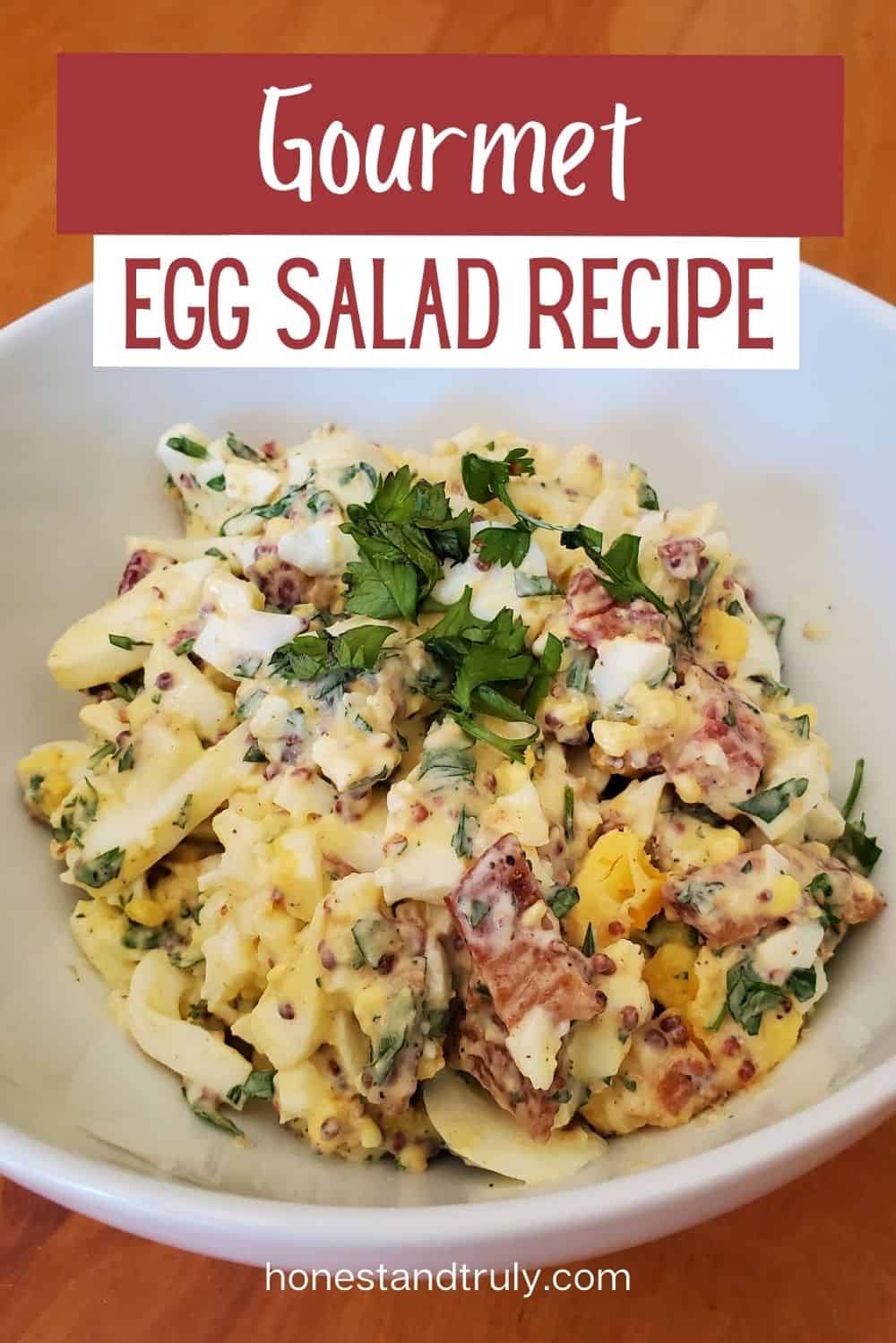 Bacon egg salad in a white bowl.