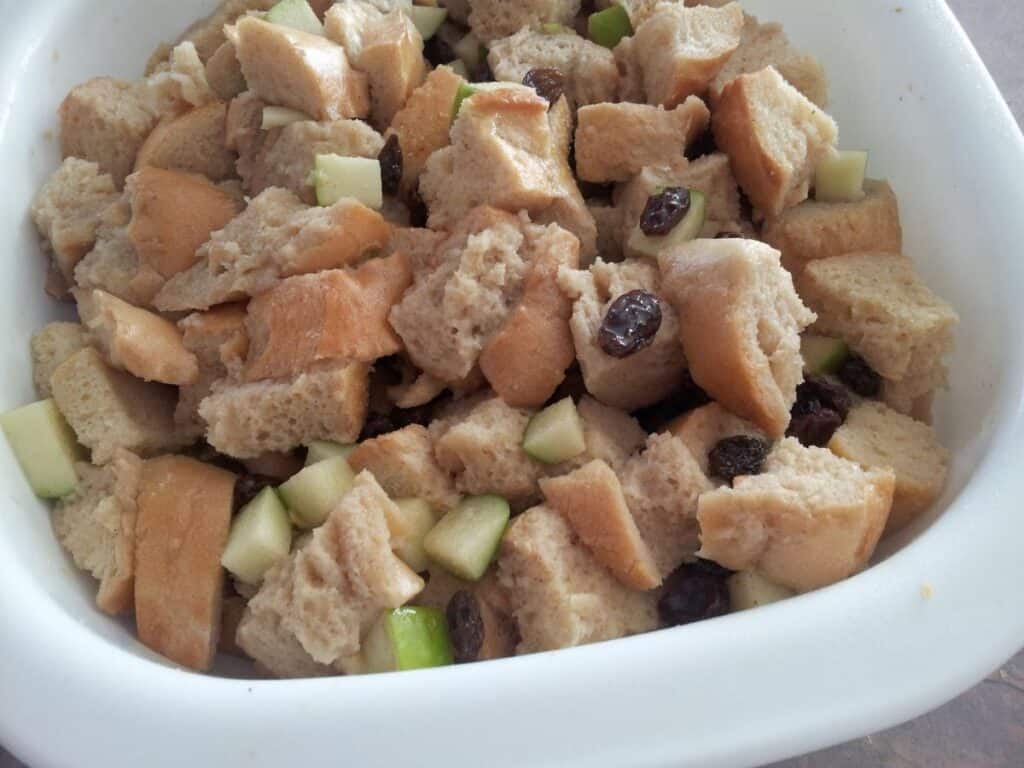 Image shows bread pudding prepped.