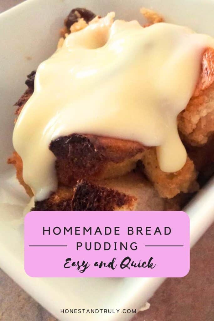 Image shows close-up picture of homemade bread pudding with custard sauce.