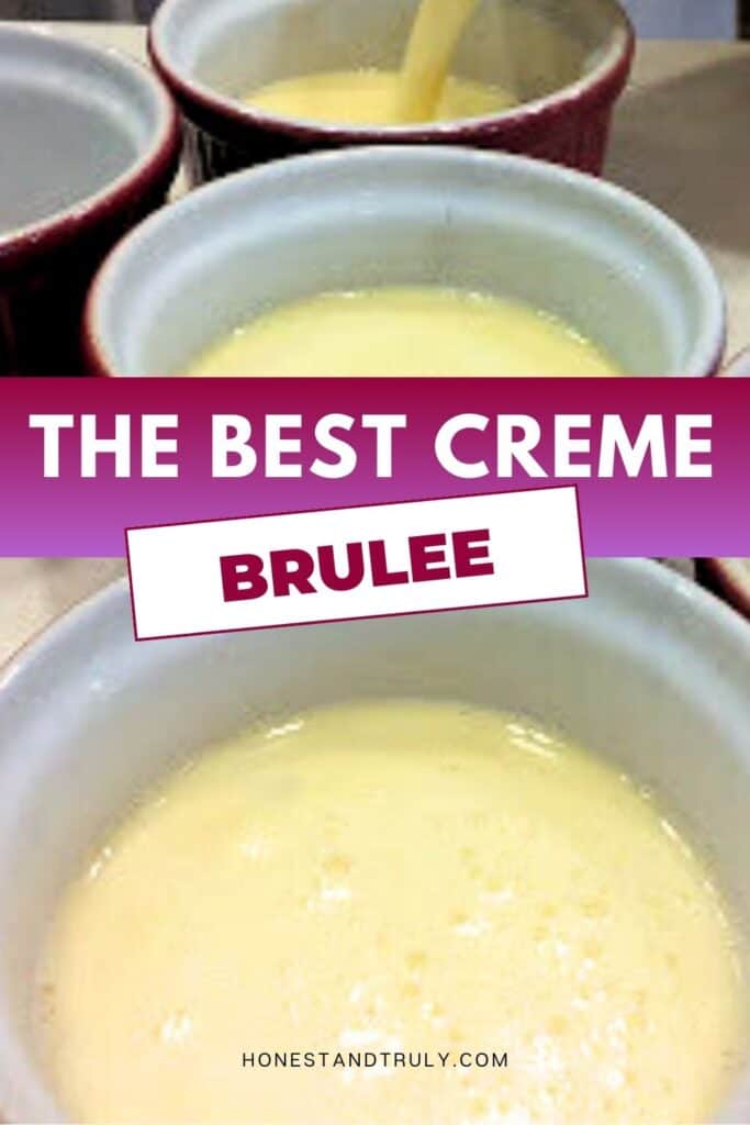 Image shows close-up picture of poured creme brulee into ramekins.