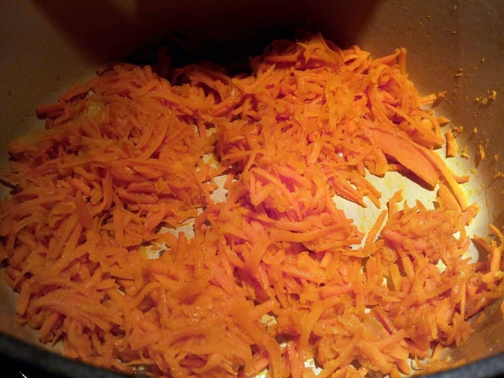 Carrots cooking for the carrot ginger soup