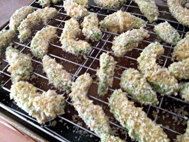 Avocado fries on baking sheet