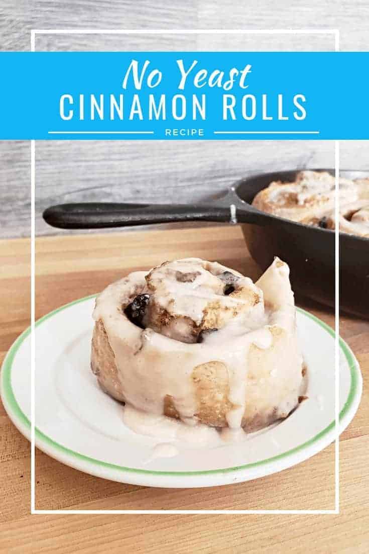 Easy no yeast cinnamon rolls recipe for breakfast. This simple recipe is yeast free and ready in under 60 minutes. This has no eggs, and you can make it in a cast iron skillet or cake pan. This is a perfect quick weekend brunch dish! #cinnamonrolls #brunch #breakfast #castiron
