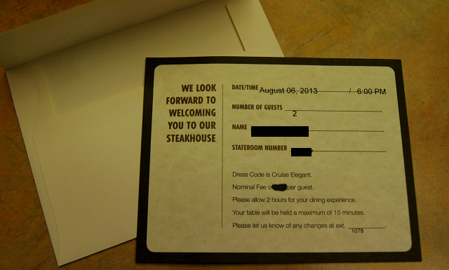 Reminder card for steakhouse dinner aboard the Carnival Valor