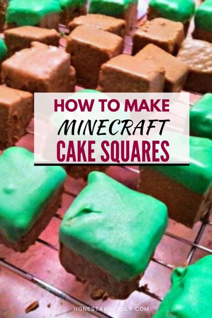 Image shows close-up picture of completed Minecraft cake squares on a cooling rack.