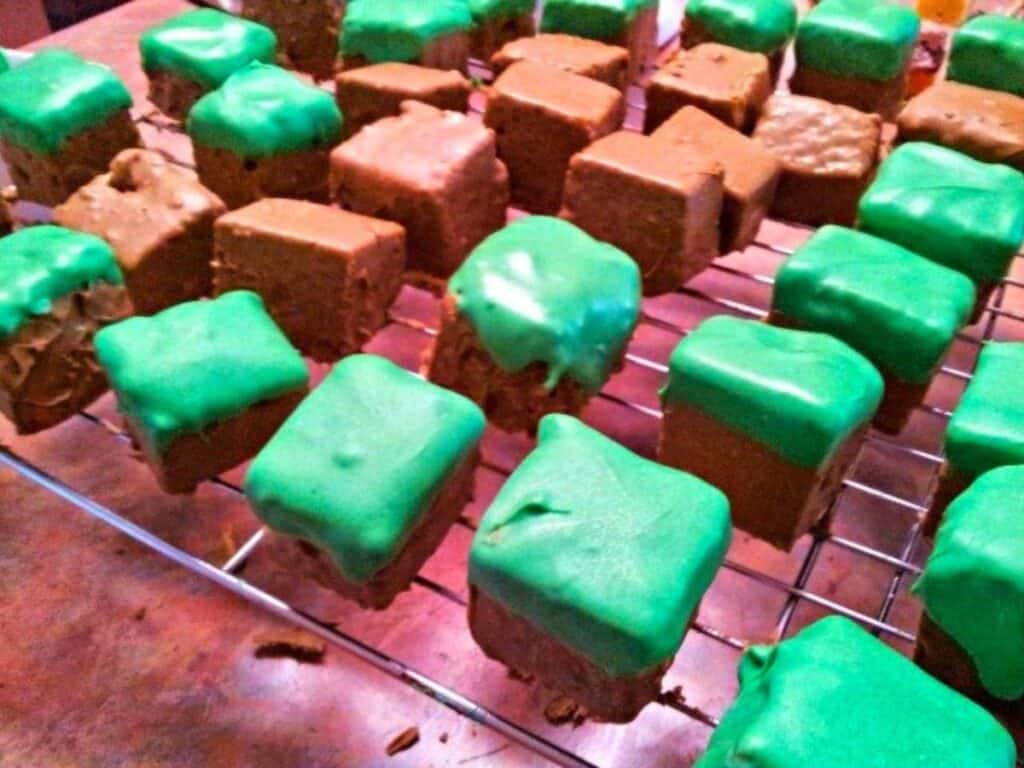 Image shows completed Minecraft squares on a cooling rack.