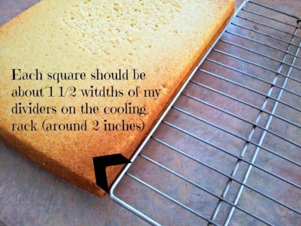 Image shows frozen cake ready to be cut besides wire cooling rack.