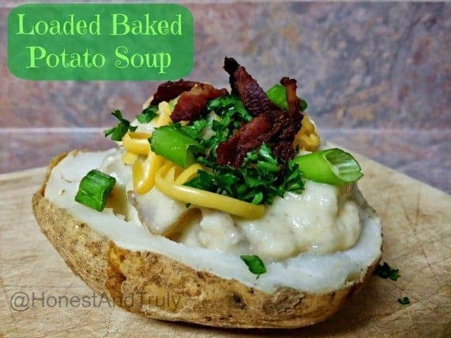 Loaded baked potato soup in a baked potato bowl