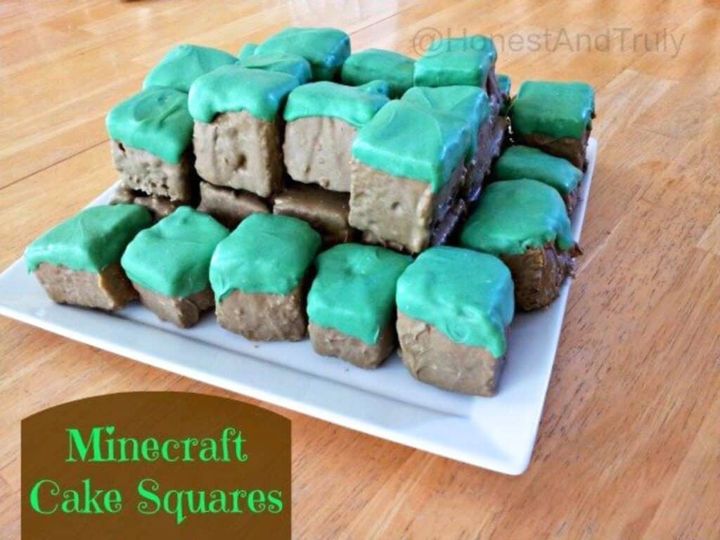 Image shows minecraft cake squares.