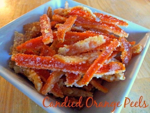 Candied orange peels in a bowl