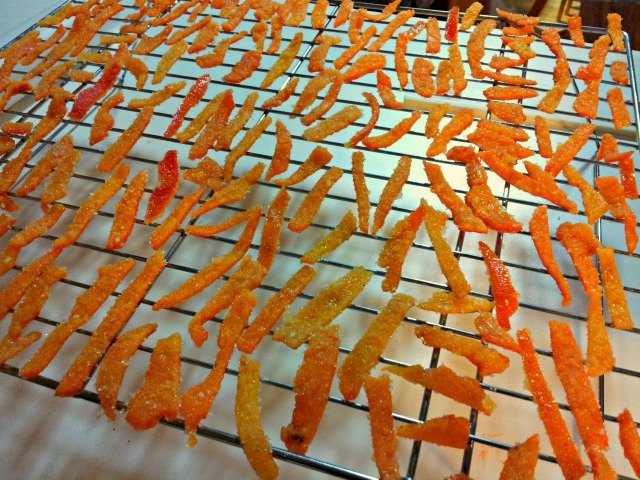 Use wire racks to dry the completed candied orange peels