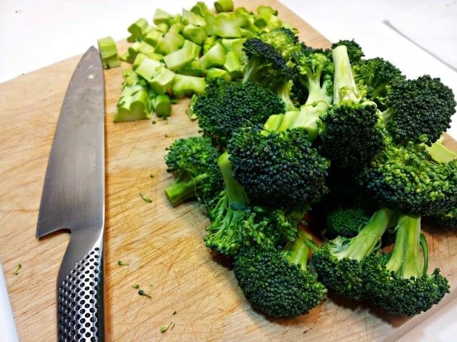Broccoli sliced and ready for roasting