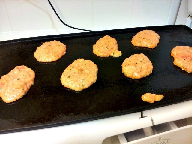 Add meatcake batter to your griddle in large dollops