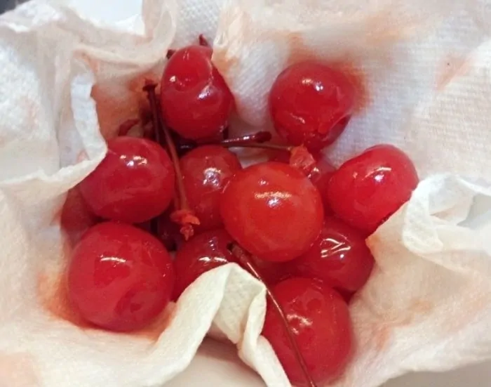 drying maraschino cherries on a towel