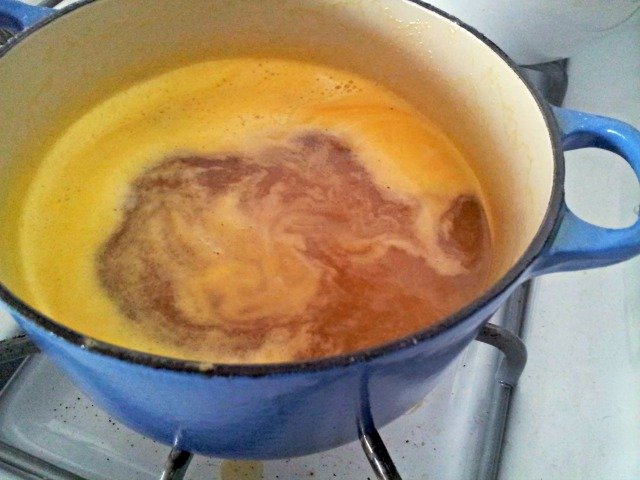 Orange caramel sauce needs to boil one last time after adding the juice to reduce a bit