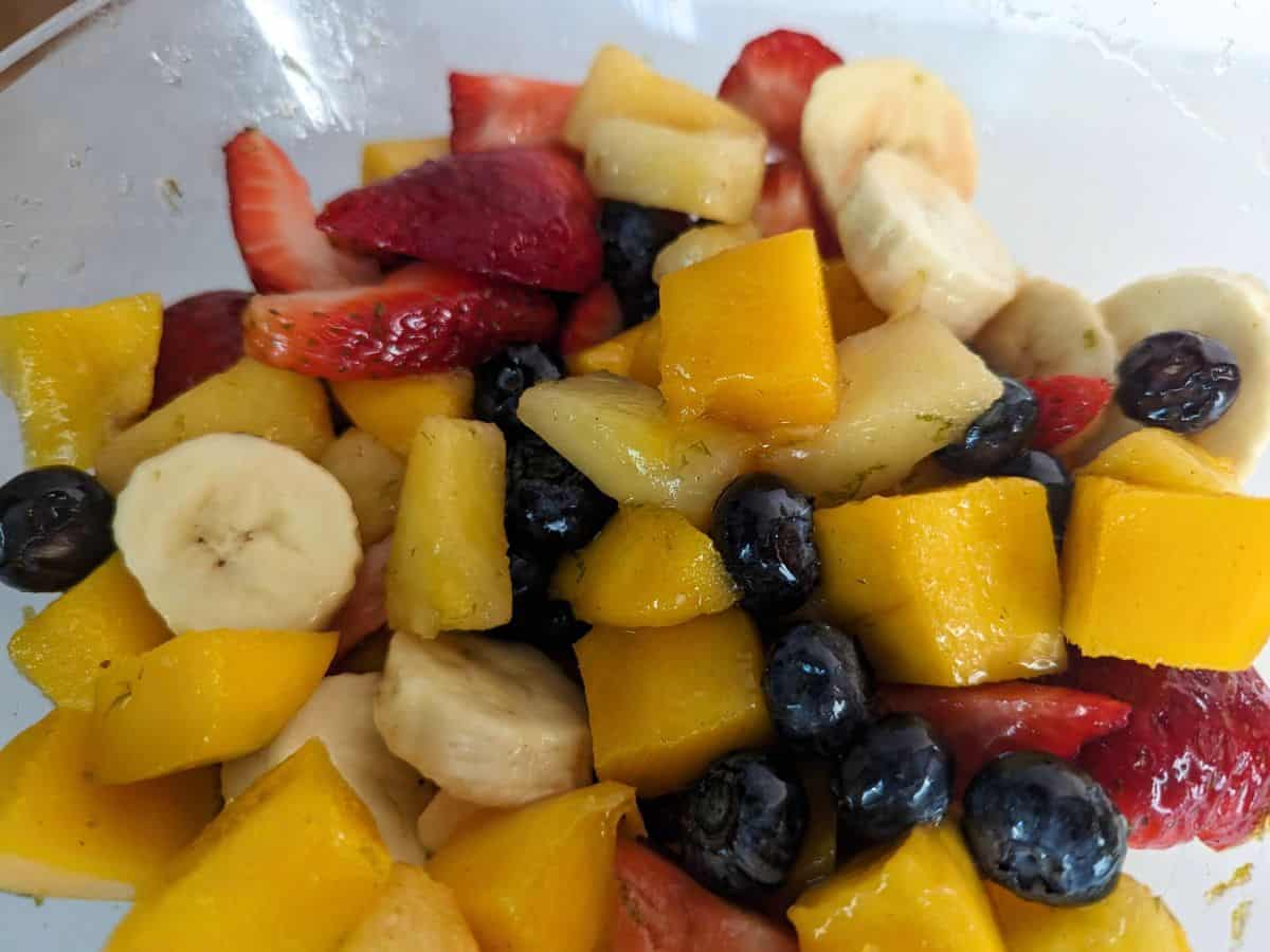Image shows a closeup of a Tropical Fruit Salad.