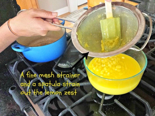 Strain out the lemon zest to finish off your lemon curd