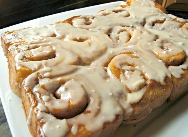 Vanilla chai infused cinnamon rolls fresh from the oven