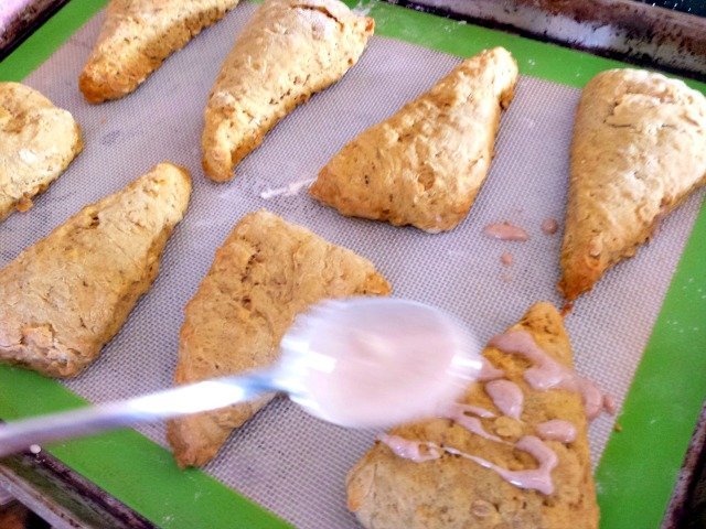 Drizzle glaze over scones just before serving