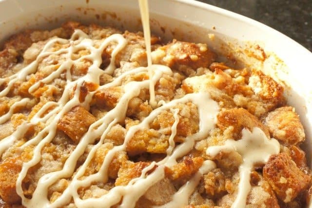 Cinnamon roll bread pudding glazed