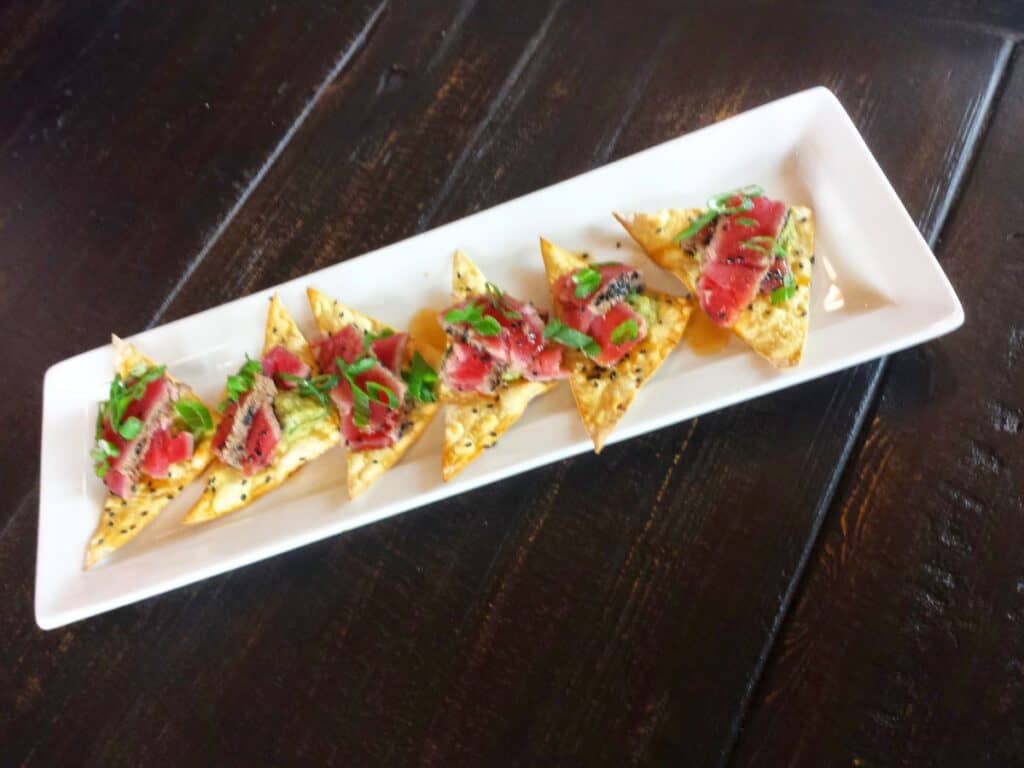 Image shows Ahi tuna wontons.
