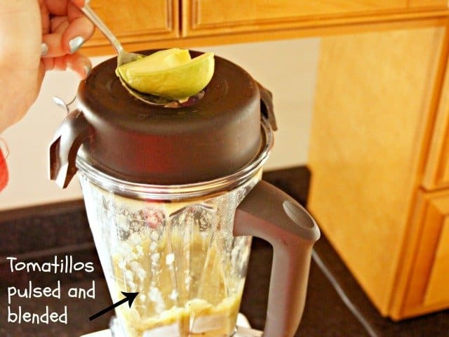 Adding avocado to roasted tomatillo salsa