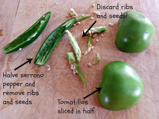 Prepping tomatillos and serranos