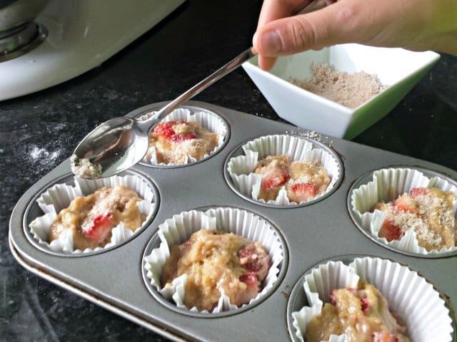 Add cinnamon vanilla sugar to homemade strawberry muffins