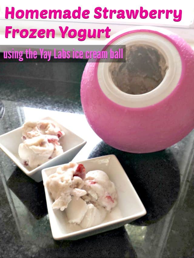 Homemade Strawberry Frozen Yogurt using the Yay Labs ice cream ball. This recipe is easy to make and has just a few ingredients. Video tutorial on how to use the Yay Labs SoftShell Ice Cream Ball and recipe for the homemade frozen strawberry yogurt included.