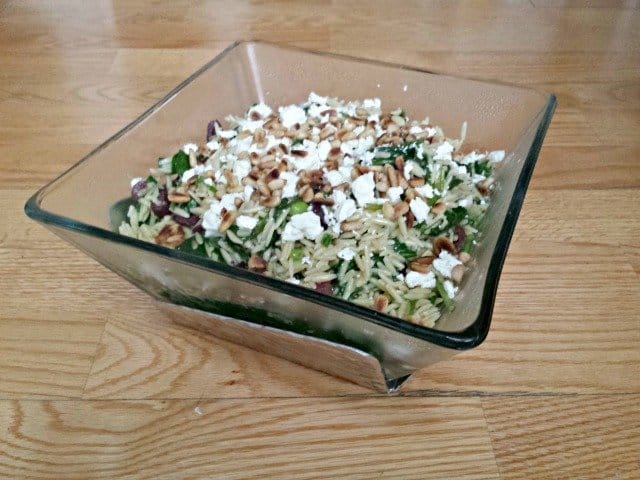 Spinach orzo pasta salad in a bowl as pretty as it deserves