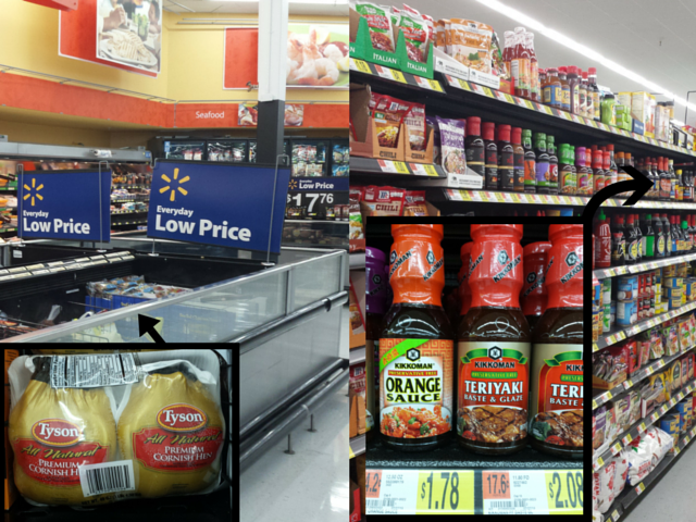 Finding Kikkoman orange sauce and Tyson Cornish hens at Walmart