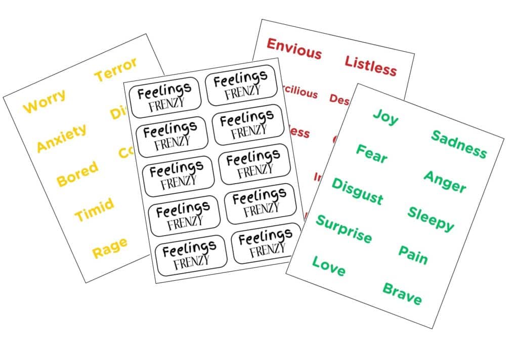 Image shows the Feelings Frenzy emotions card game printable with four example sheets laid across each other.