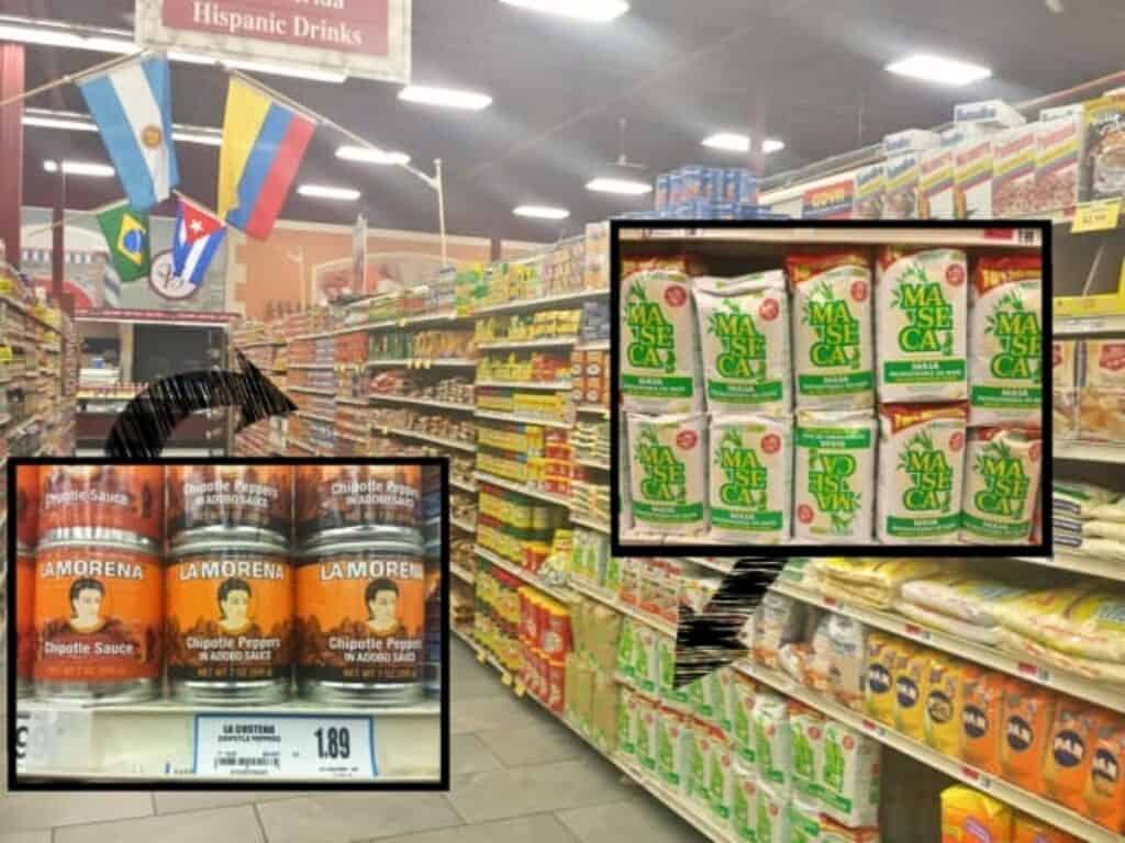 A grocery store aisle labeled “Hispanic Drinks” features La Morena chipotle sauce jars, stacks of Maseca corn flour bags on display, and a handy recipe card for crockpot Mexican beef to inspire your next flavorful meal.