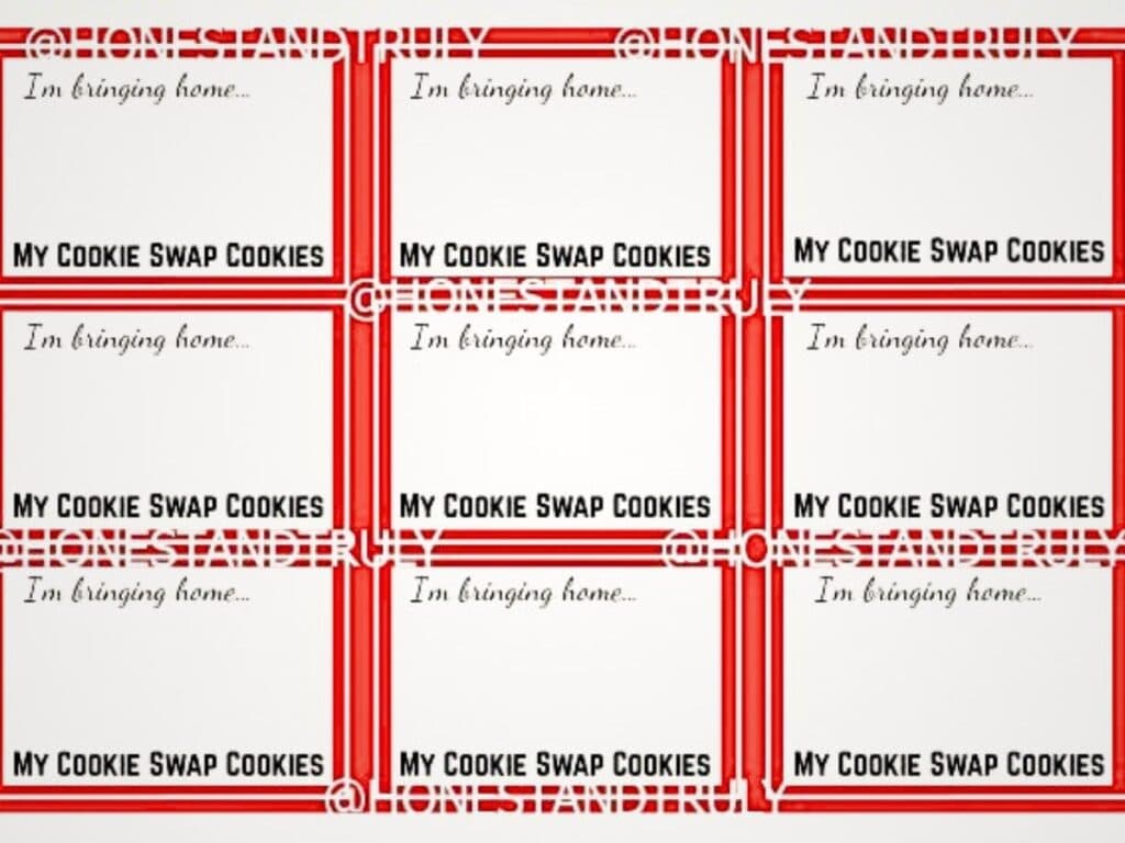 A sheet with nine white labels bordered in red, each reading &ldquo;I&rsquo;m bringing home&hellip; MY COOKIE SWAP COOKIES&rdquo; with space for writing&mdash;perfect for labeling your famous s&rsquo;mores cookies at the next cookie exchange.