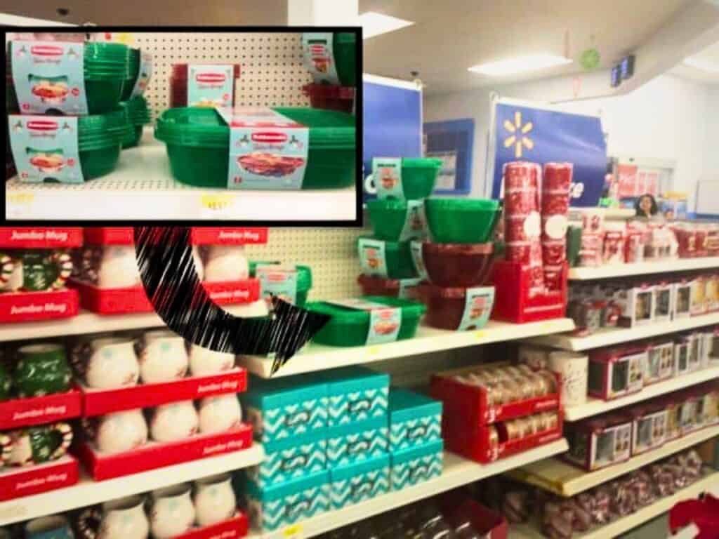 Store aisle displays green and red plastic containers, mugs, and holiday-themed boxes; inset highlights close-up of green storage containers on the shelf&mdash;perfect for storing festive treats like s&rsquo;mores cookies.