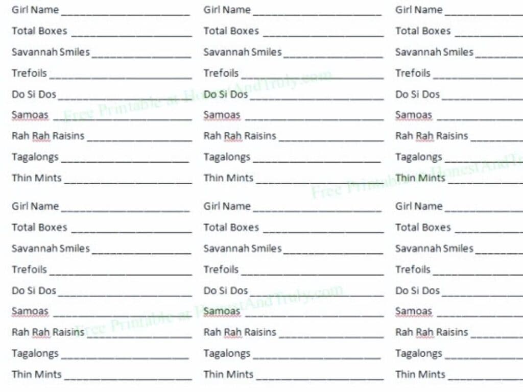Image shows free printable Girl Scouts cookie organizer for cookie moms.