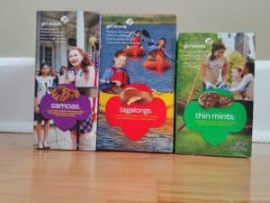 Image shows boxes of girl scout cookies.