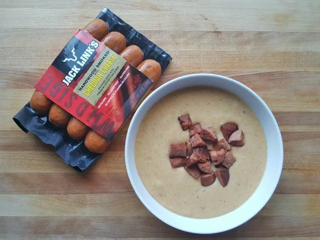 Bowl of chees and sausage soup with Jack Link's sausage