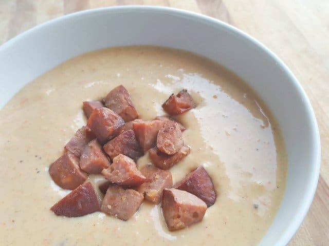Cheese and sausage soup closeup