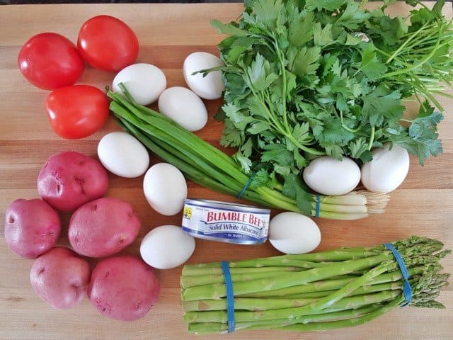 Ingredients for a Nicoise dinner omelet