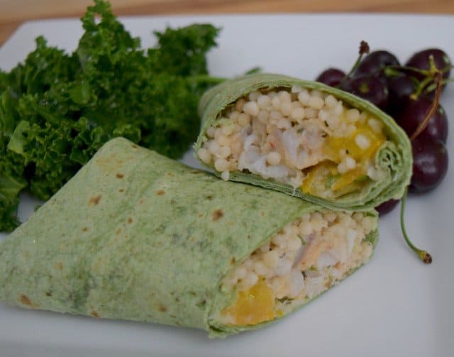 Enjoy easy Mediterranean wraps with pollock burgers
