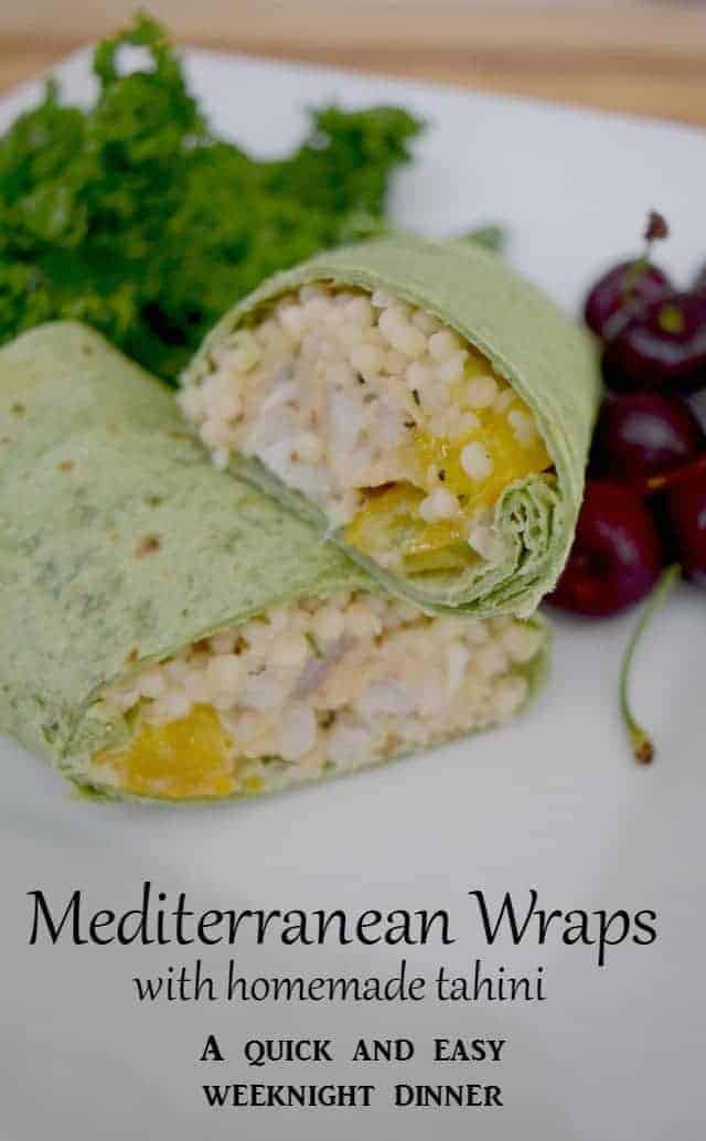 Mediterranean Wraps - a quick and easy weeknight dinner recipe with homemade tahini. Grilled pollock burgers add protein to this tasty meal for a healthy alternative.